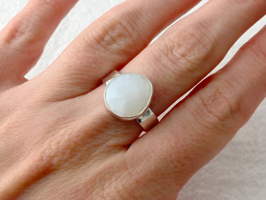 Moonlit Glow – Silver Blue Opal Ring - Size 7