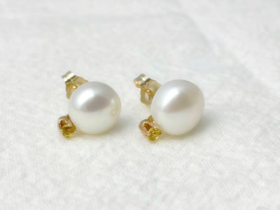 Sunlit 14k Gold Pearl & Yellow Sapphire Stud Earrings