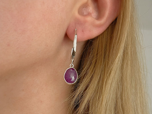 Scarlet Orbit – Silver Ruby Hoop Earrings