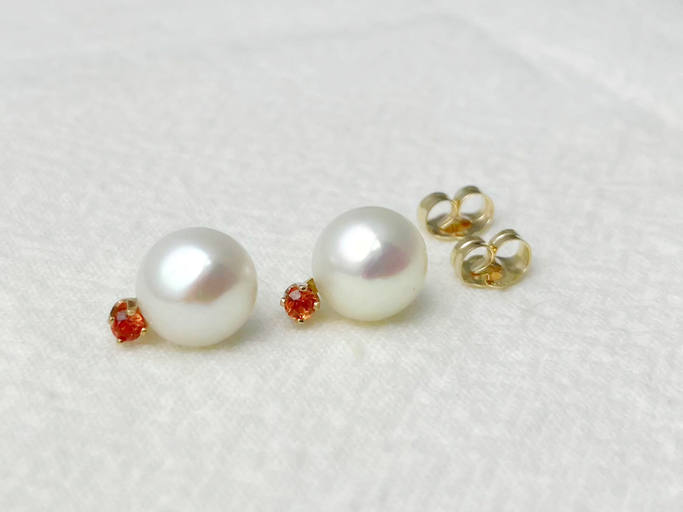 Sunset 14k Gold Pearl & Orange Sapphire Stud Earrings