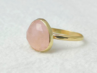 Gold ring with a pink stone on a white background