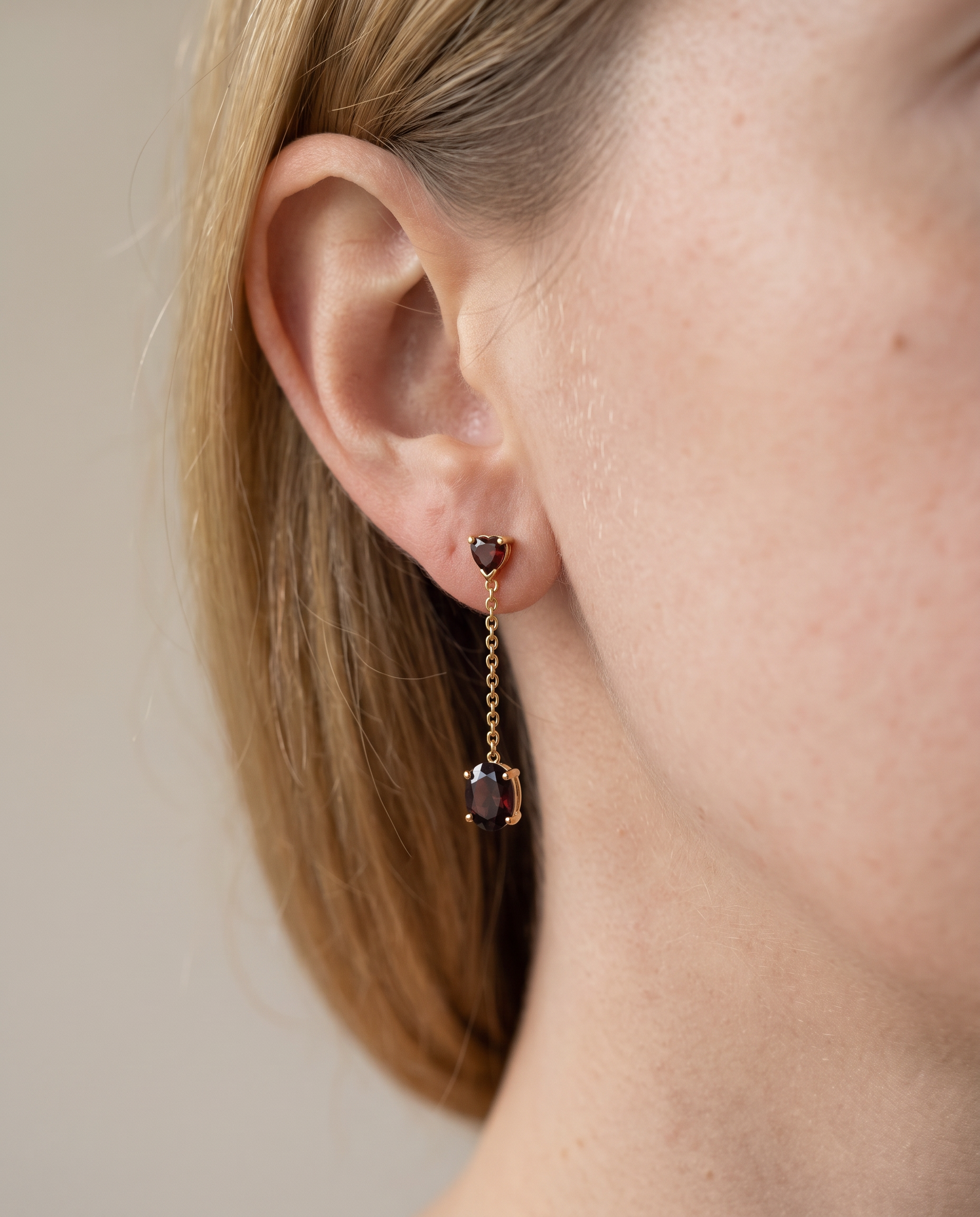 14k Gold Heart Garnet Dangle Earrings