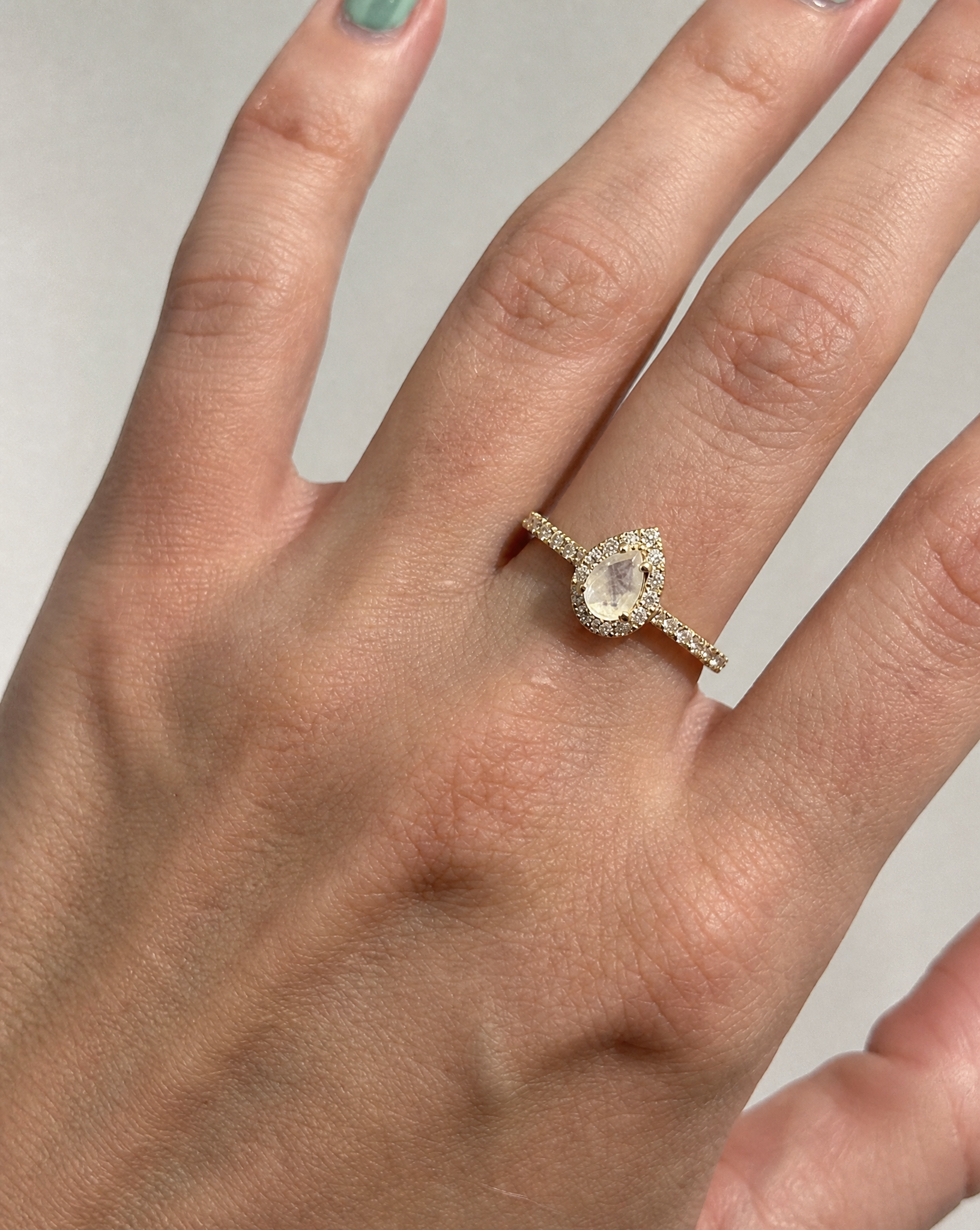 14K Gold Moonstone & Moissanite Halo Ring - Size 7