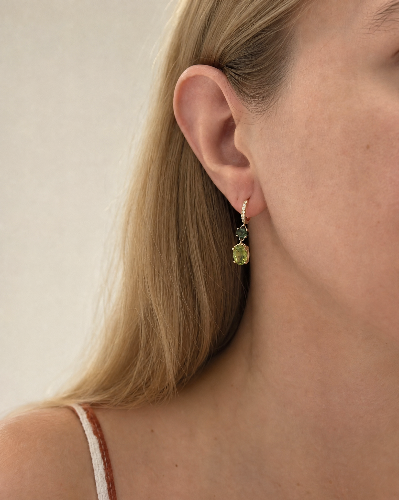 14K Gold Peridot & Tourmaline Dangle Earrings