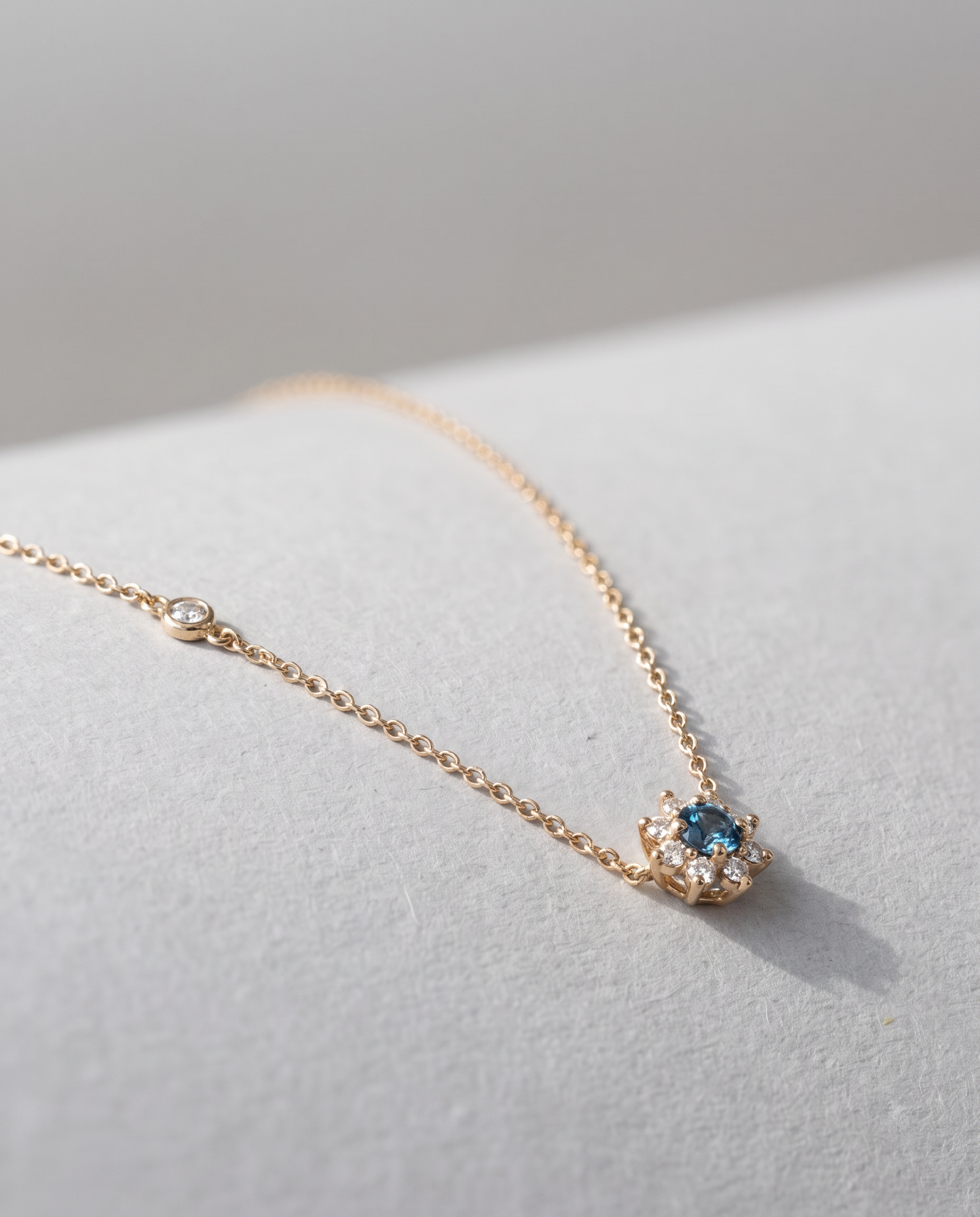 14K Gold London Blue Topaz Flower Necklace